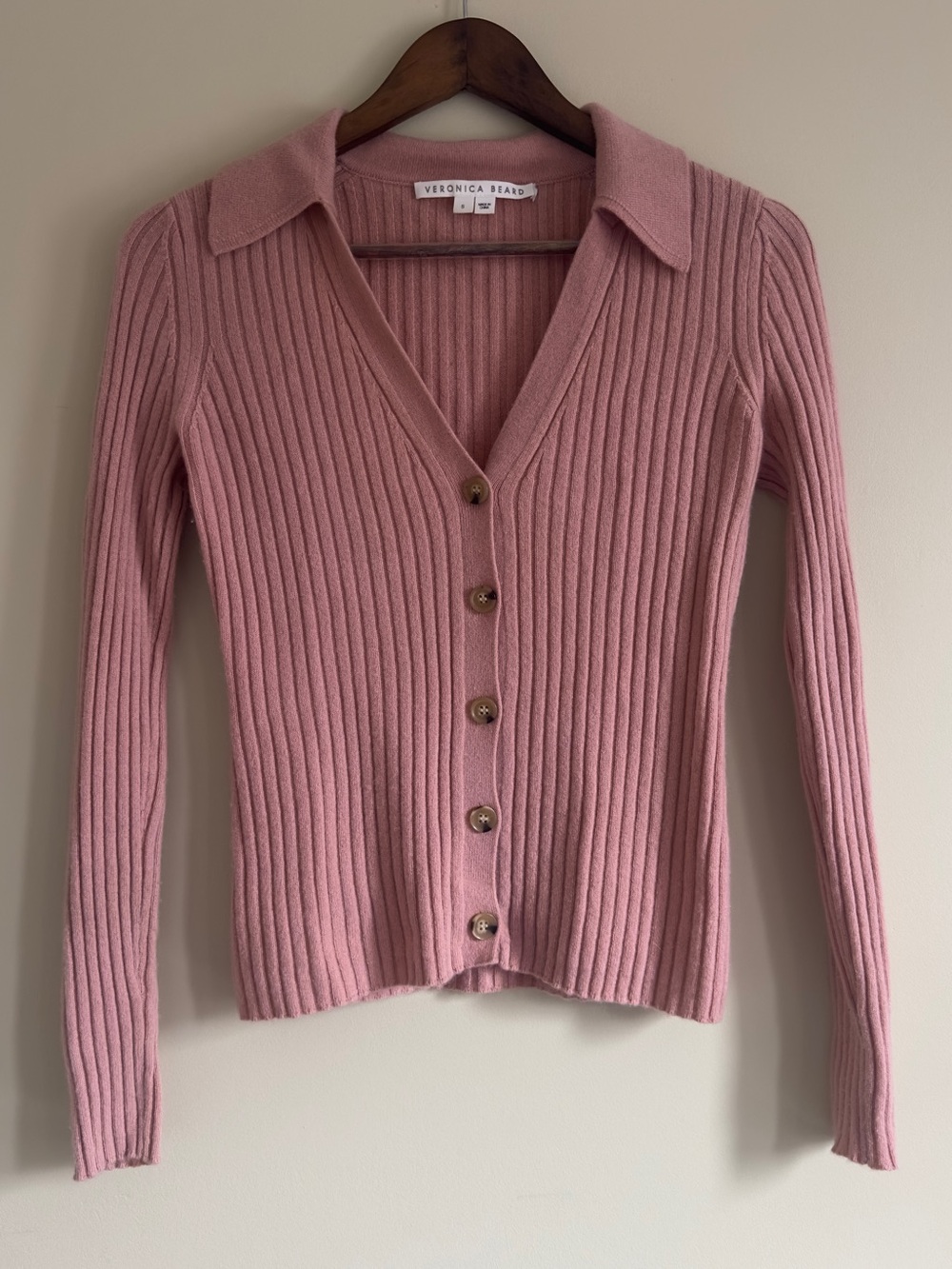 Veronica Beard 100% Cashmere Ribbed V Cardigan in Dusty Rose